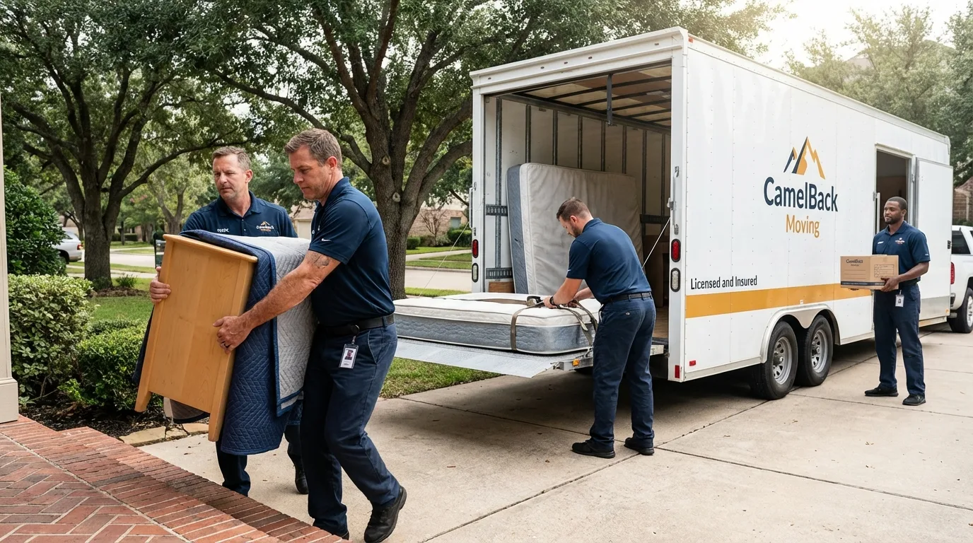 Crew loading residential truck for cross-state move from Hooks, TX