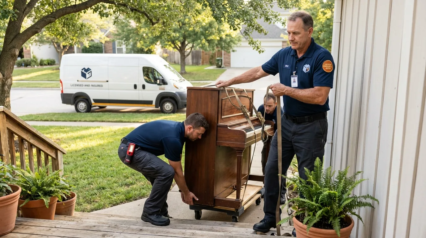 Licensed piano movers securing grand piano in Hooks, TX