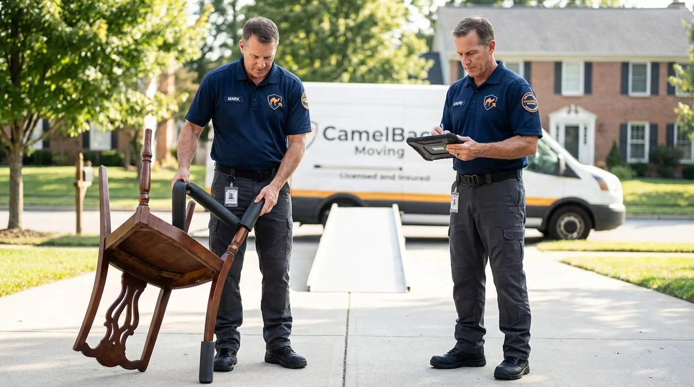 Movers inspecting furniture for damage prevention before loading in Hooks, TX