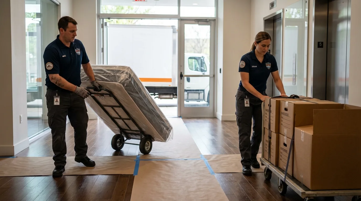 Professional apartment movers loading elevator in Hooks, TX