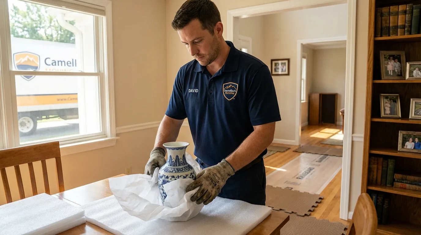 Professional crew carefully wrapping antique vase for senior downsizing move in Hooks, TX