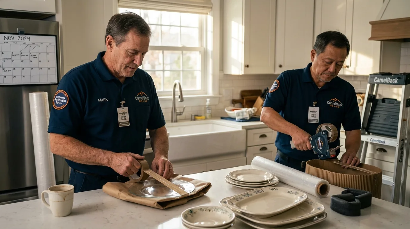 Professional crew packing kitchen dishware in Hooks, TX